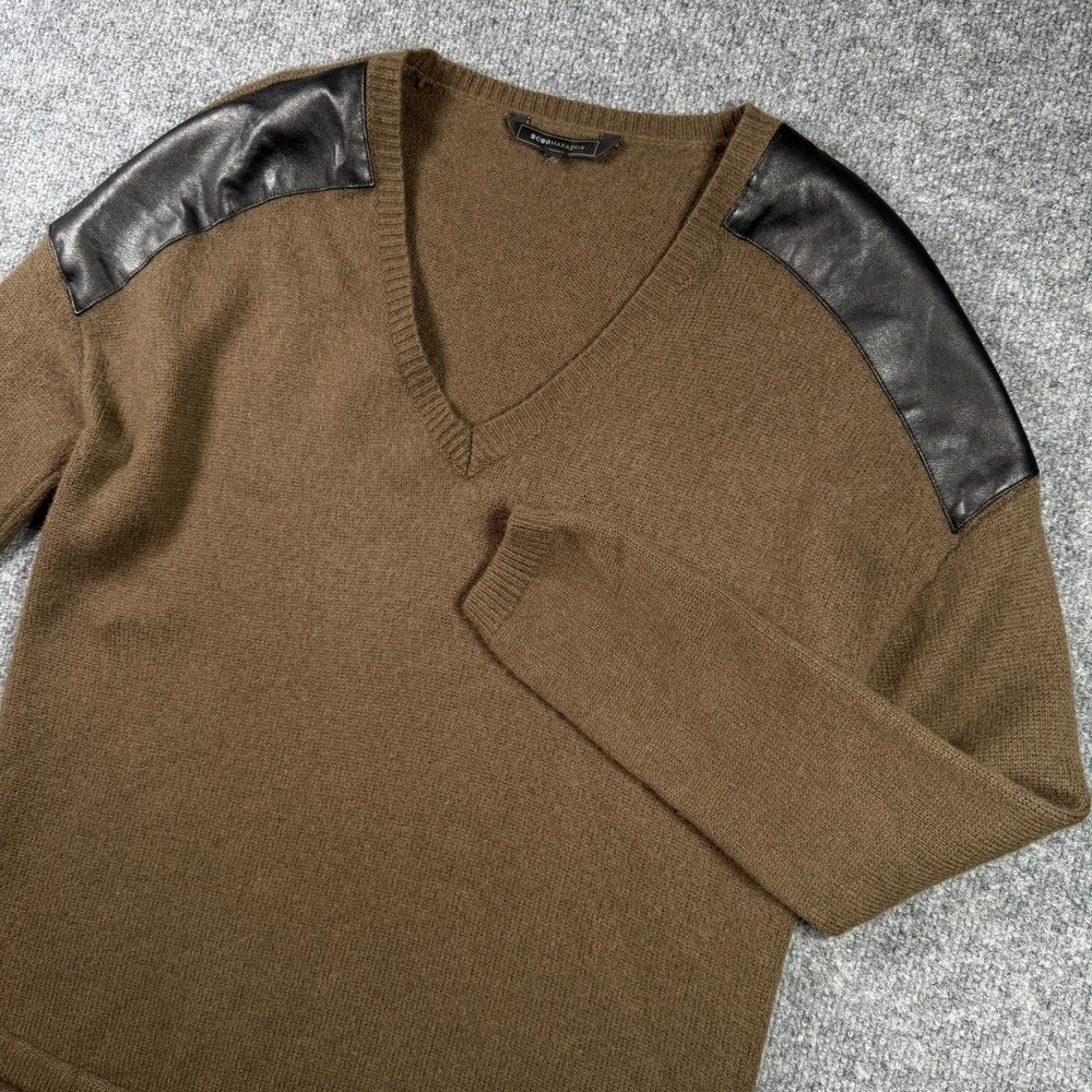 BCBGMAXAZRIA Sweater Womens L Brown V-Neck Faux Leather Shoulder Patch High-Low